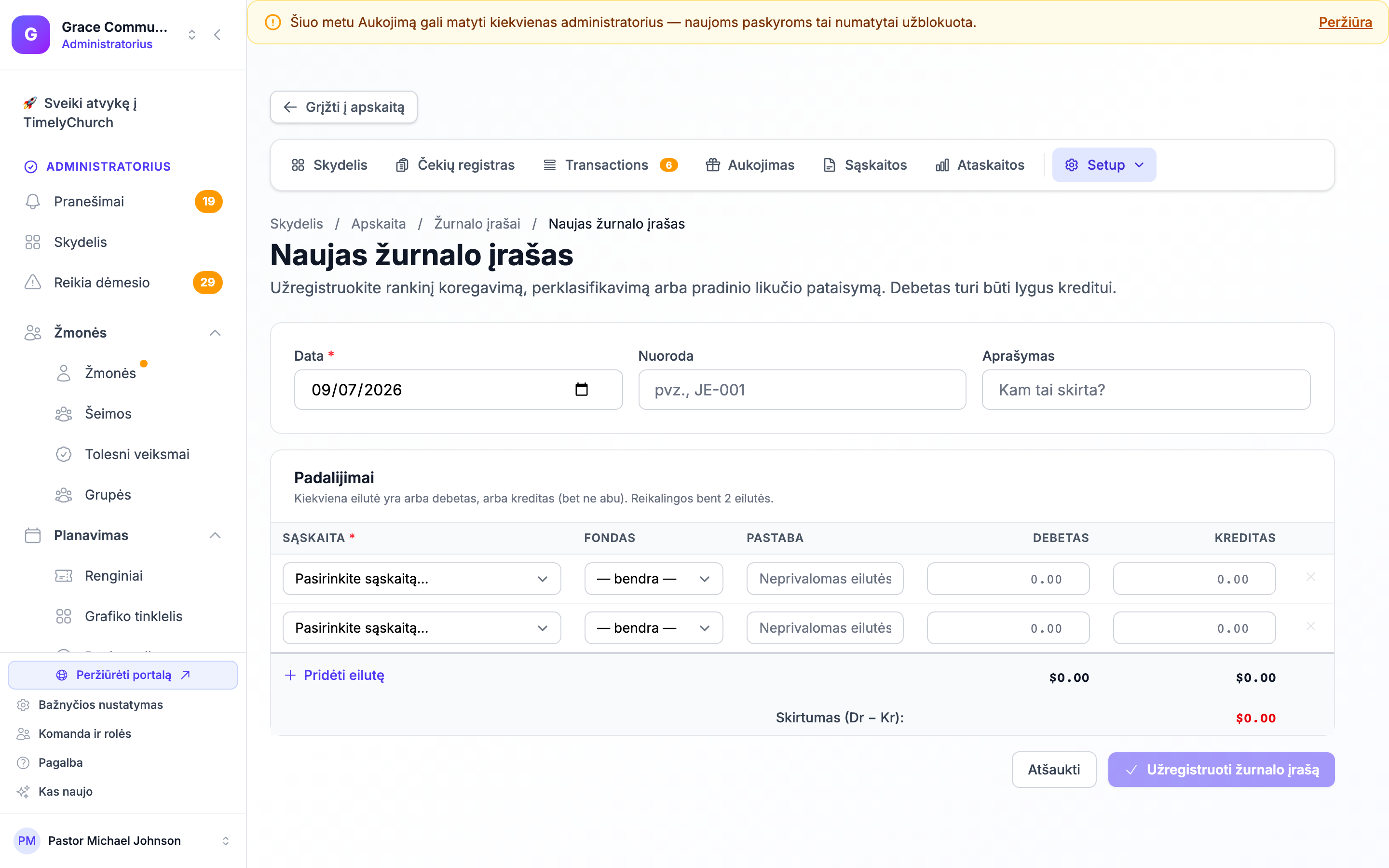 Naujo žurnalo įrašo forma (journal-entries/create), rodanti Data / Nuoroda / Aprašymas antraštę, lentelę Padalijimai su stulpeliais Sąskaita / Fondas / Pastaba / Debetas / Kreditas, nuorodą Pridėti eilutę, kaupiamąją eilutę Skirtumas (D − K) ir neaktyvų mygtuką Užregistruoti žurnalo įrašą. Paprastas puslapio vaizdas — pilna forma atvaizduojama iš karto įkėlus.