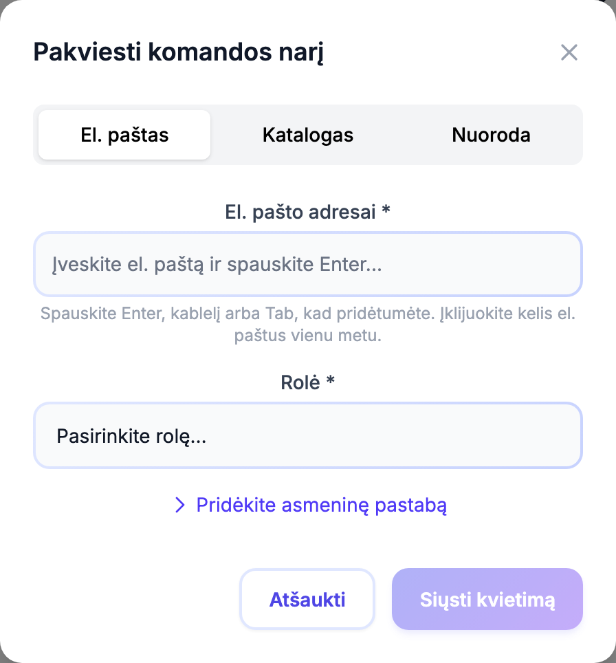 Komandos kvietimo forma su el. pašto įvestimi ir rolės pasirinkimu