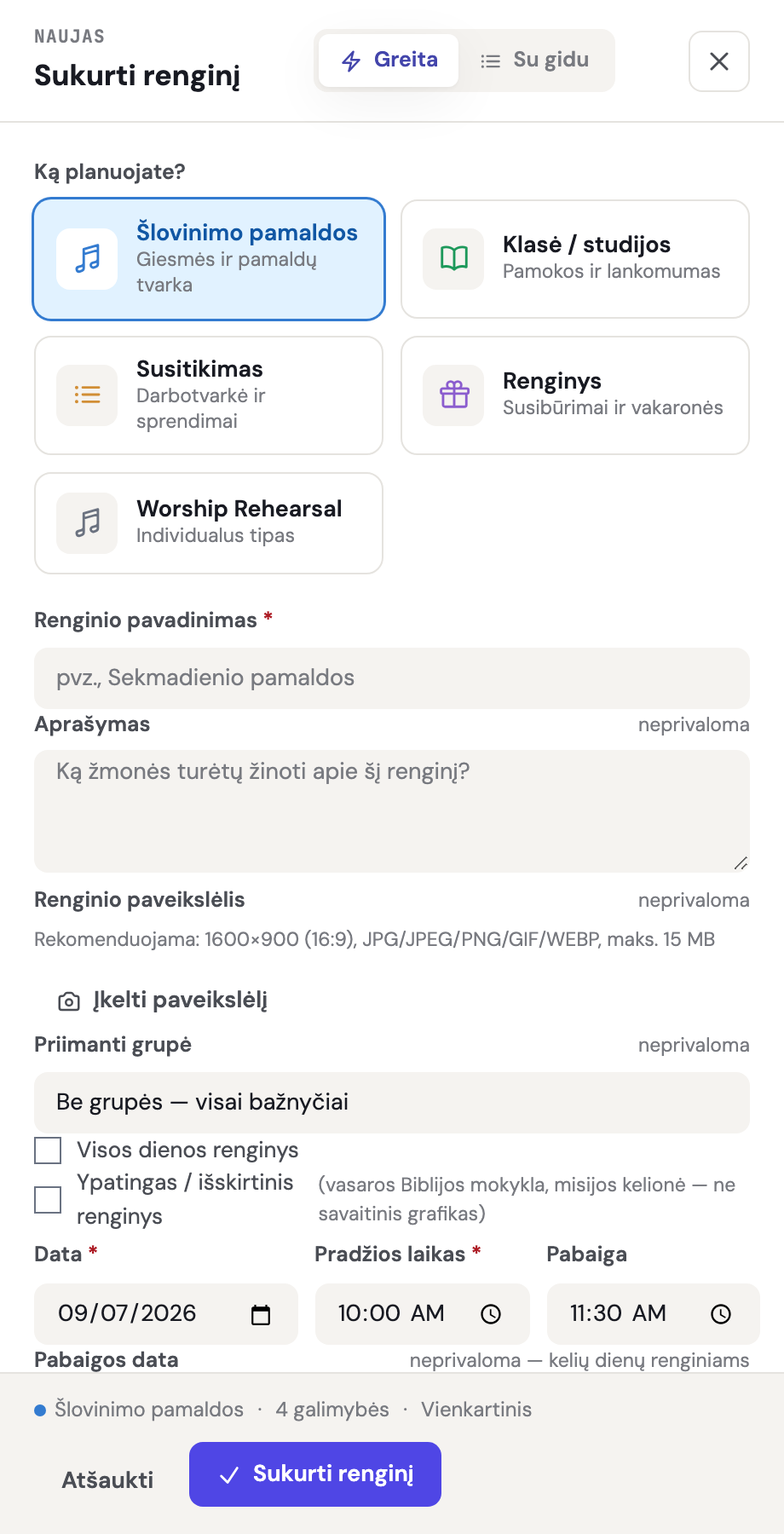 Stalčius Sukurti renginį su Greita/Su gidu perjungikliu, tipo pasirinkikliu ir renginio informacija