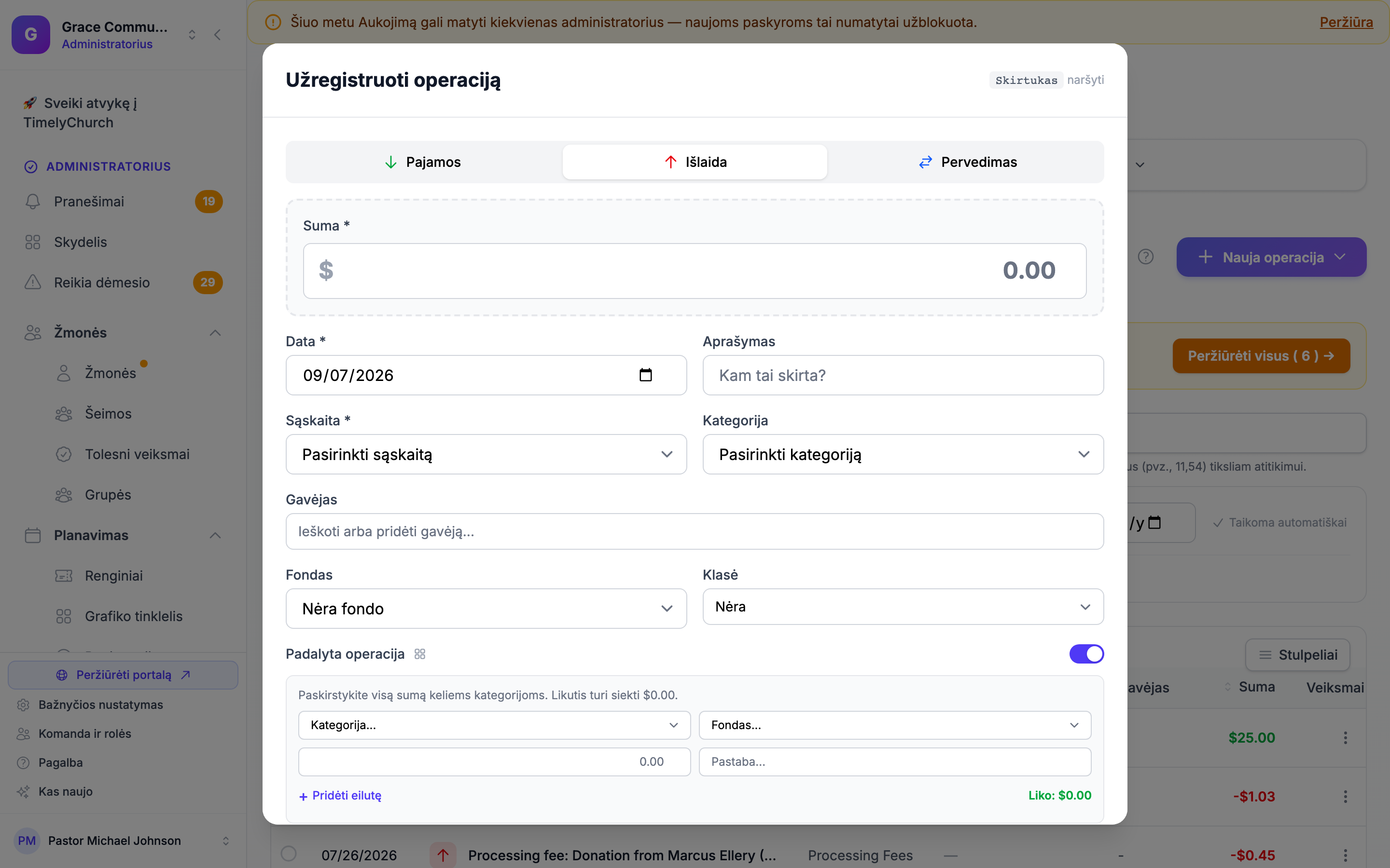 Operacijos registravimo modalinis langas su įjungtu jungikliu Padalyta operacija, rodantis padalijimo eilutes (Kategorija / Suma / Pastaba), nuorodą + Pridėti eilutę ir rodiklį Liko: 0,00 USD. Atidarytas per Nauja operacija > Naujos išlaidos, tada spustelėjus jungiklį Padalyta operacija. Skaičius Liko iš pradžių yra ne nulis (raudonas), kol įvedamos sumos; nuotraukoje pavaizduotas įjungtas padalijimo skydelis.