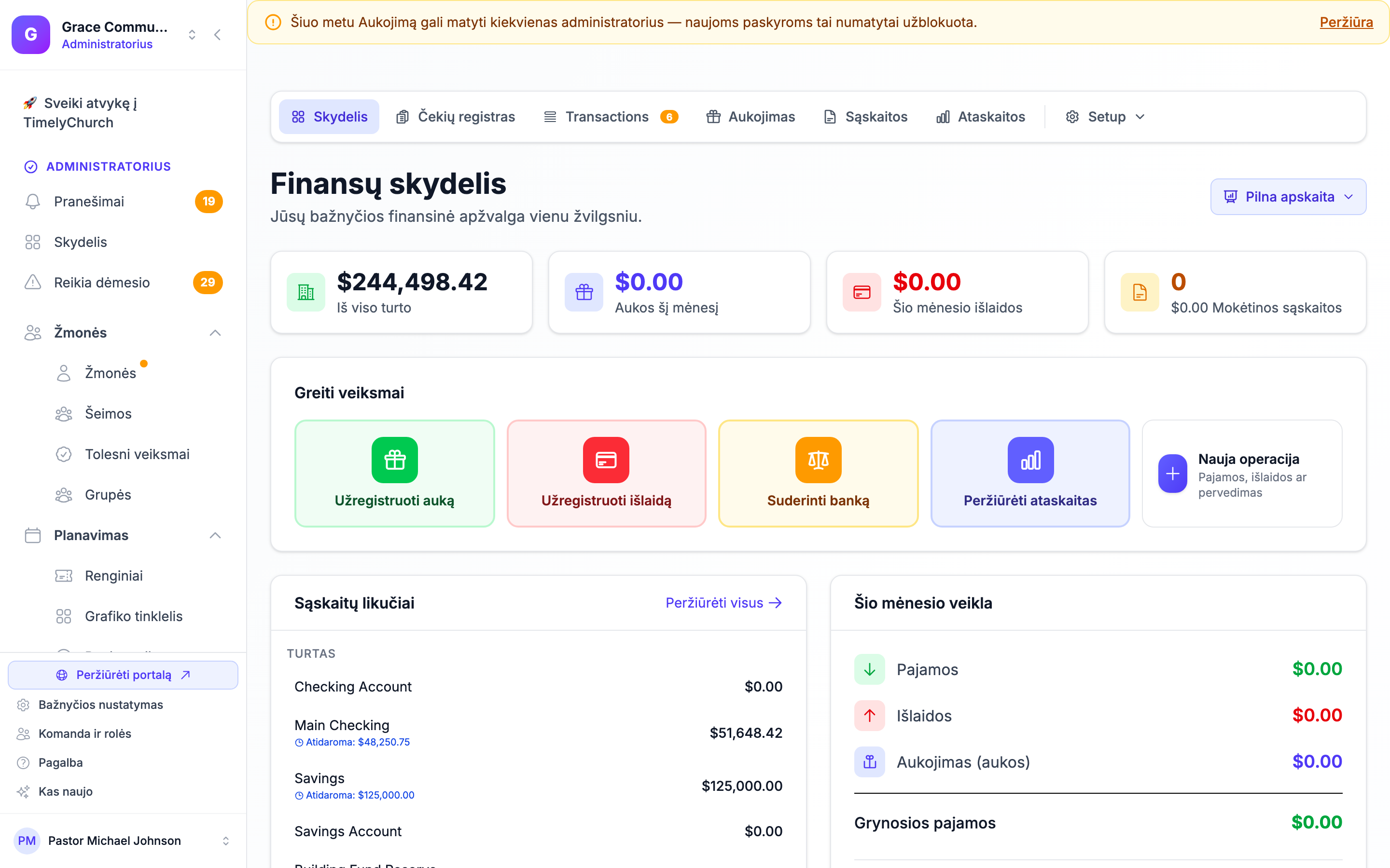 Finansų skydelis su apskaitos skirtukų juosta viršuje ir režimo mygtuku puslapio antraštėje.
