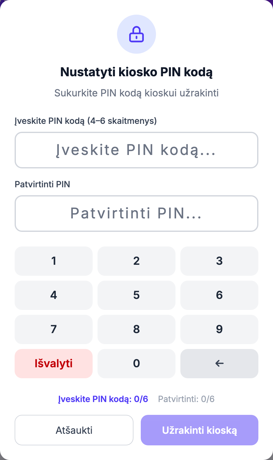Nustatyti kiosko PIN kodą langas su dviem PIN laukais ir ekrano skaičių klaviatūra. Kioskas įkeliamas atrakintas (isLocked=false); paspaudus antraštės mygtuką Užrakinti, paleidžiama toggleKioskLock(), kuri atveria showSetPinModal langą (naujo PIN + patvirtinti PIN laukai ir 0-9 skaičių klaviatūra su Išvalyti/Įvesti).
