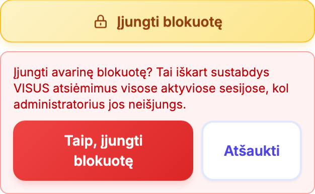 Aktyvuoti blokuotę patvirtinimo dialogo langas, rodomas iš Registracijos stoties puslapio.