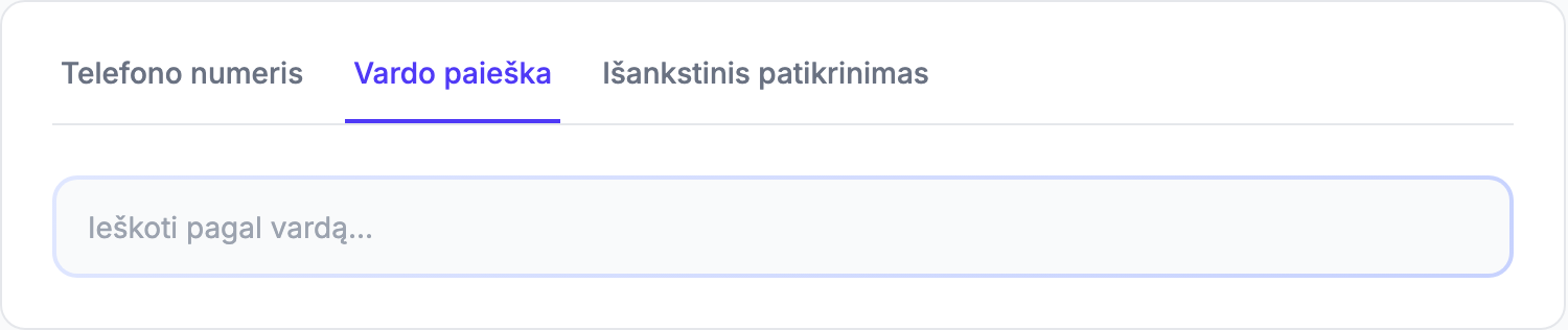 Registracijos stoties paieškos skydelis su pasirinktu asmeniu ir priskirta klase. Būsena „pasirinktas asmuo + klasės išskleidžiamasis meniu" reikalauja įvesti vardą Vardo paieškos lauke ir spustelėti „Registruotis" ties rezultatu, ko clickText/dispatch/wait paruošimas negali atlikti (nėra įvedimo veiksmo, paieška yra sulėtinta gyva įvestis). Geriausias pasiekiamas kadras aktyvuoja Vardo paieškos skirtuką, kad parodytų paieškos skydelį Registracijos stotyje.