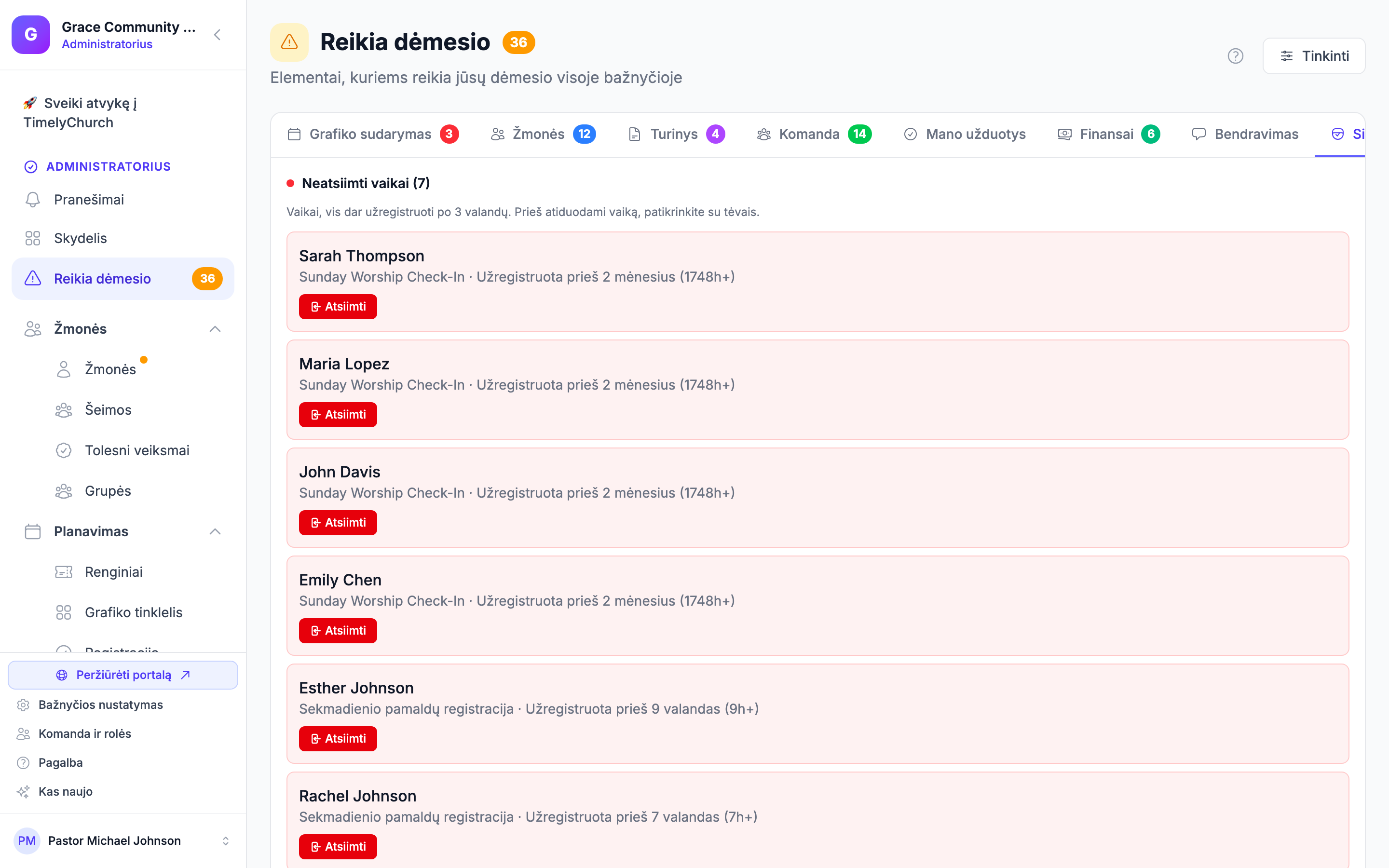 Skydelis Reikia dėmesio, rodantis skiltį Neatsiimti vaikai su vaikų, viršijusių ribą, sąrašu. Puslapis Reikia dėmesio patikimas, tačiau raudona skiltis „Neatsiimti vaikai (N)" rodoma tik tada, kai $unclaimedChildren nėra tuščias (vaiko registracija, senesnė nei 3 valandų riba, vis dar aktyvioje sesijoje). Demonstracinei bažnyčiai tikriausiai trūksta šios būsenos, todėl skiltis gali nepasirodyti; pats puslapis įsikelia gerai.