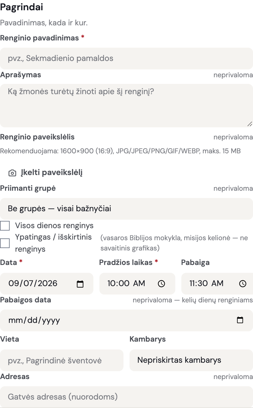Skydelio „Sukurti renginį" žingsnis Informacija su pavadinimo, aprašymo, datos/laiko, vietos, kambario ir adreso laukais