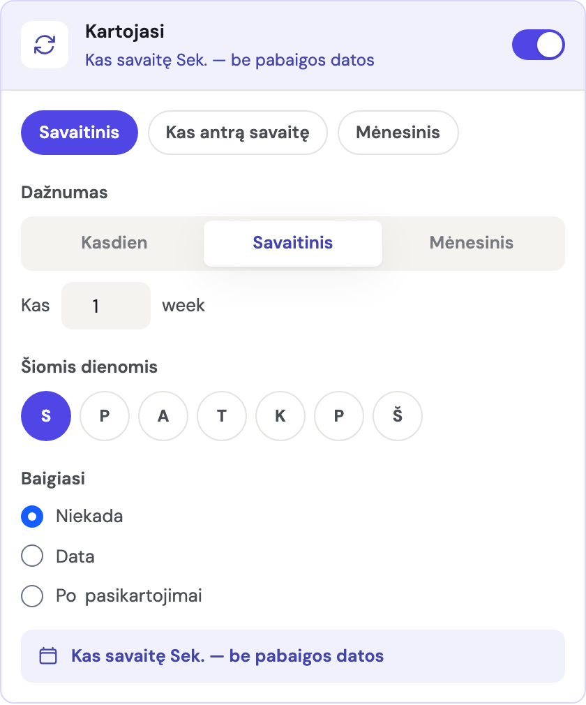 Žingsnis „Kartojimas" su įjungtu perjungikliu Kartojasi, dažnumo pasirinkimo valdikliu, savaitės dienų apskritimais ir gyva tvarkaraščio santrauka