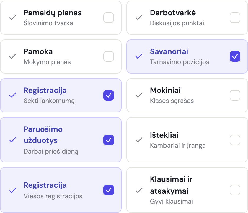 Žingsnis „Galimybės" su galimybių kortelėmis, kuriose paryškintos pagal renginio tipą pasirinktos