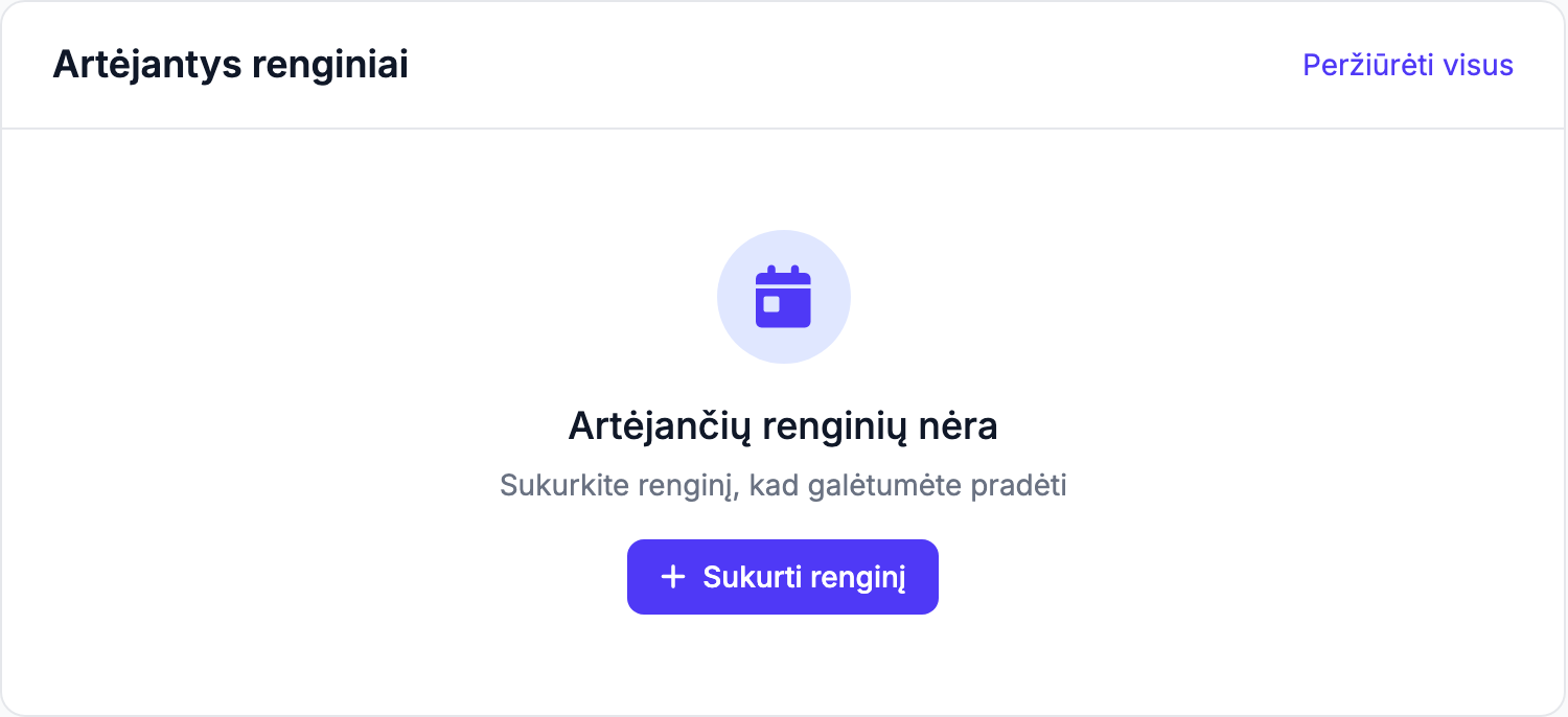 Artėjančių renginių skydelis su keliais renginiais, jų datomis ir savanorių skaičiais