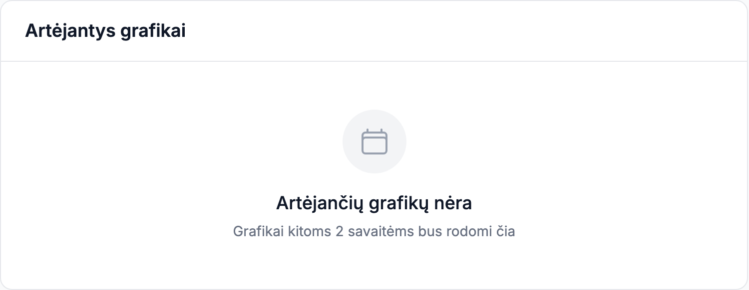 Artėjančių grafikų skydelis su klasių pavadinimais, mokytojų priskyrimais ir datomis