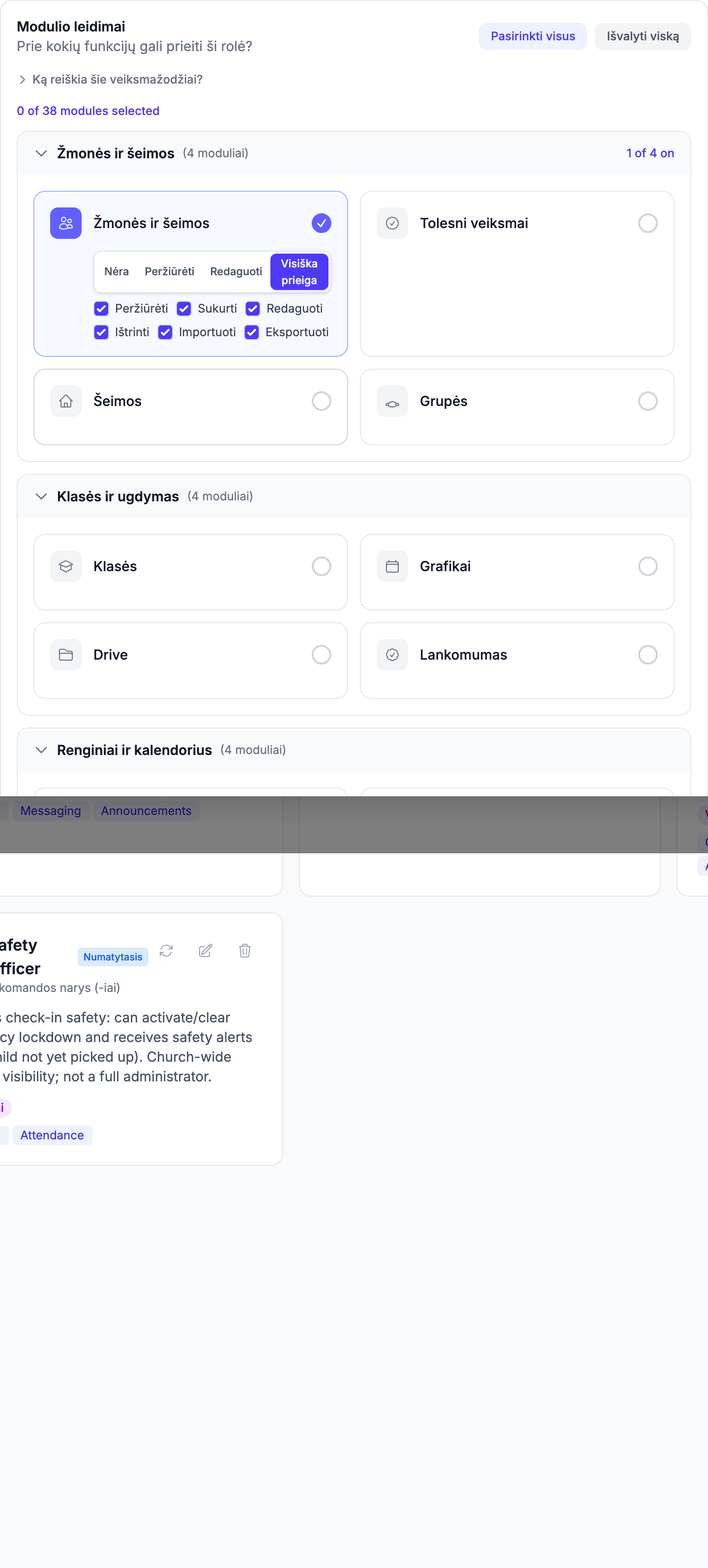 Modulio leidimų tinklelis, rodantis kategorijų sritis, lygio piliules Nėra/Peržiūrėti/Redaguoti/Pilna ir veiksmų žymimuosius langelius