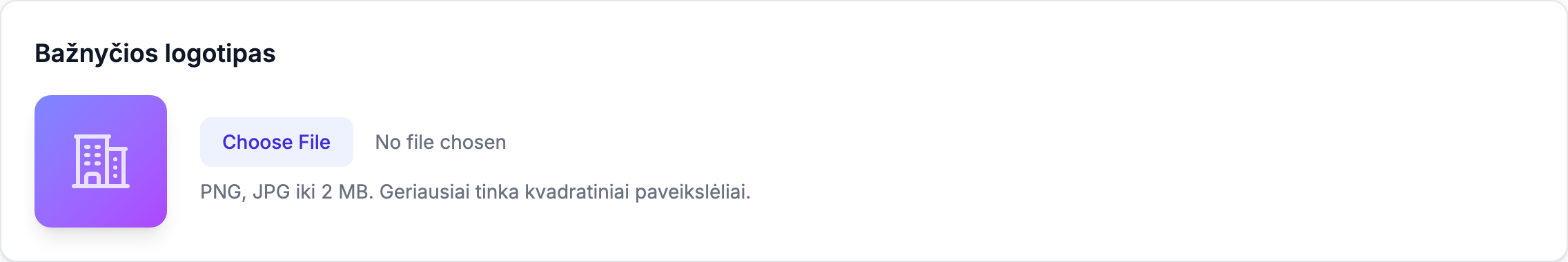 Skiltis Bažnyčios logotipas, rodanti dabartinį logotipą su failo pasirinkikliu ir pašalinimo mygtuku