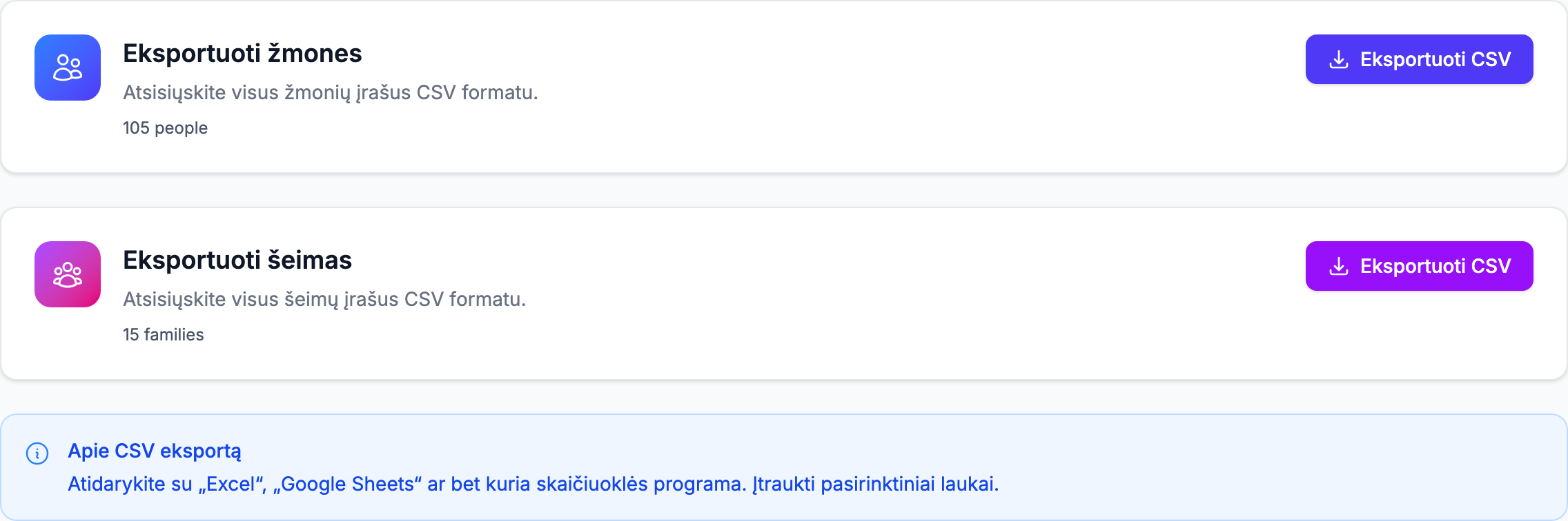 Skirtukas Eksportas, rodantis korteles Eksportuoti žmones ir Eksportuoti šeimas su įrašų skaičiais ir Eksportuoti CSV mygtukais