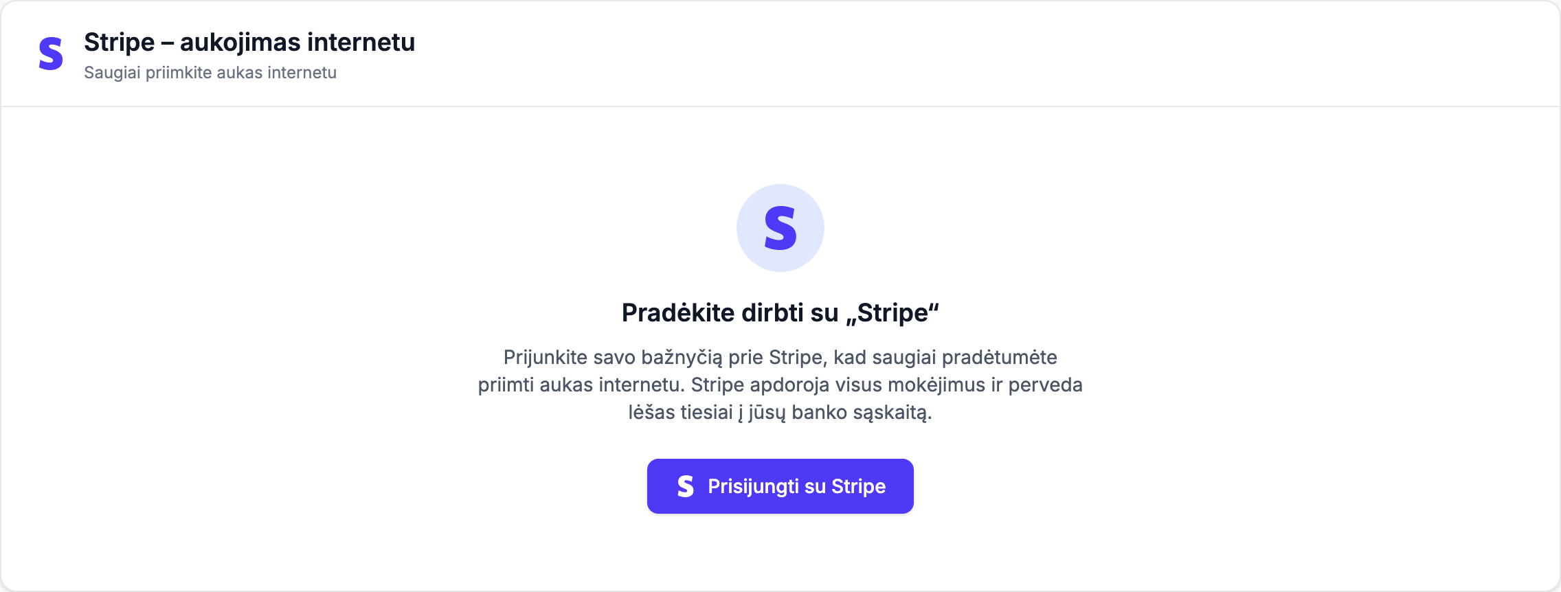 Skirtukas Integracijos, rodantis kortelę Stripe -- aukojimas internetu su mygtuku Prisijungti su Stripe