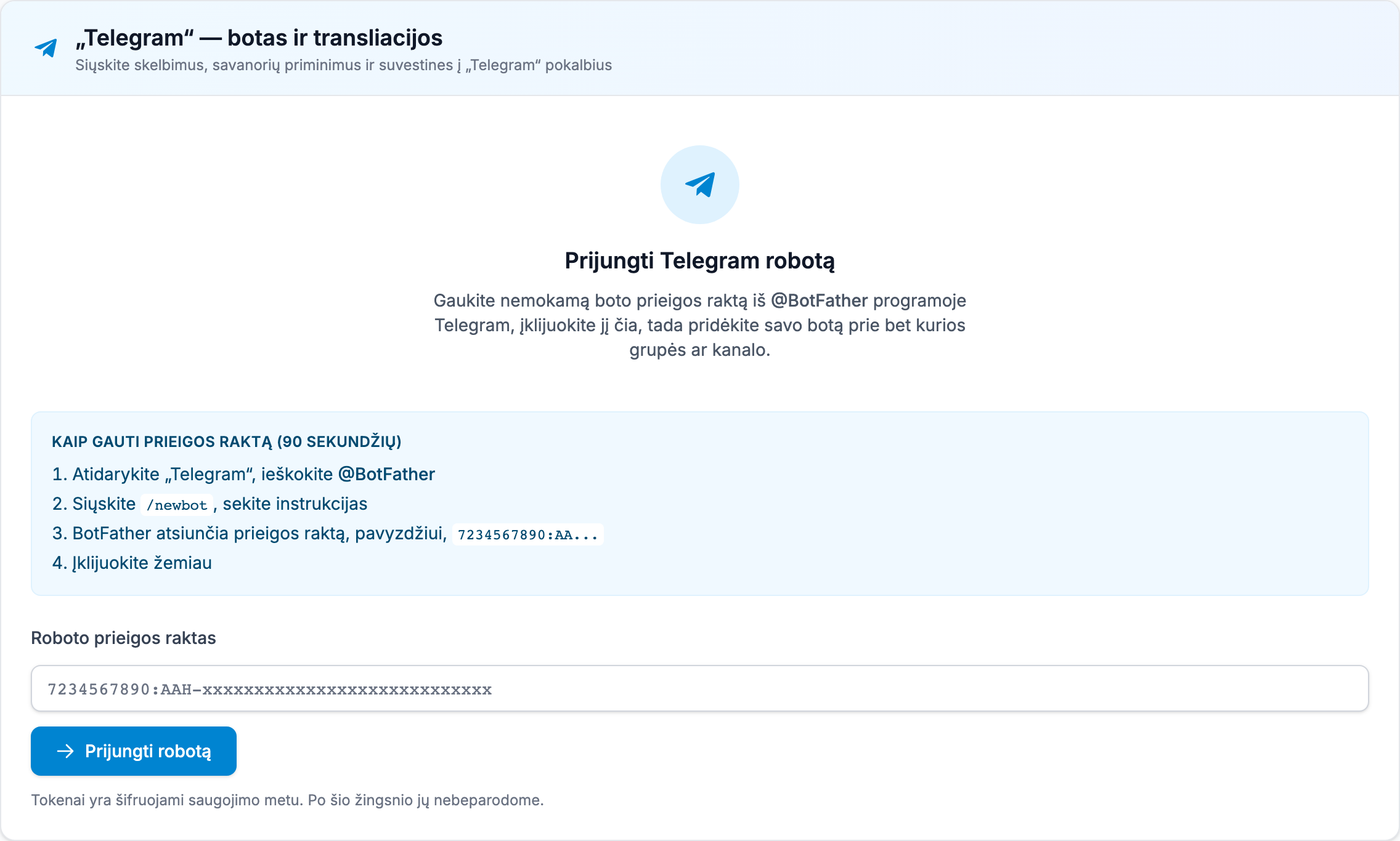 Skirtukas Integracijos, rodantis kortelę Telegram -- botas ir transliacijos