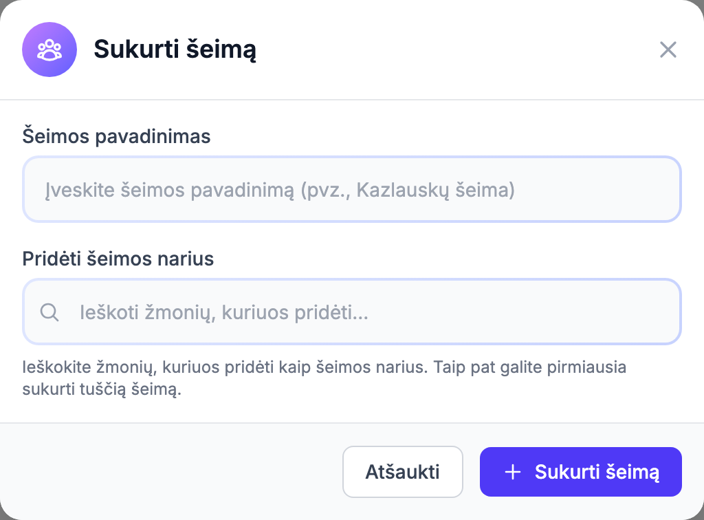 Dialogo langas Sukurti šeimą su šeimos pavadinimo lauku, rolės išskleidžiamuoju meniu ir narių paieška
