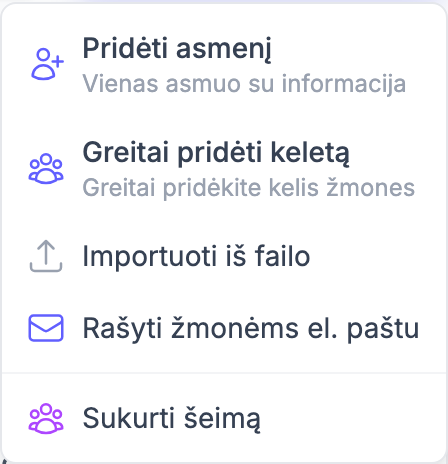 Žmonių puslapis su atidarytu Pridėti asmenį išskleidžiamuoju meniu, rodančiu parinktį „Importuoti iš failo"