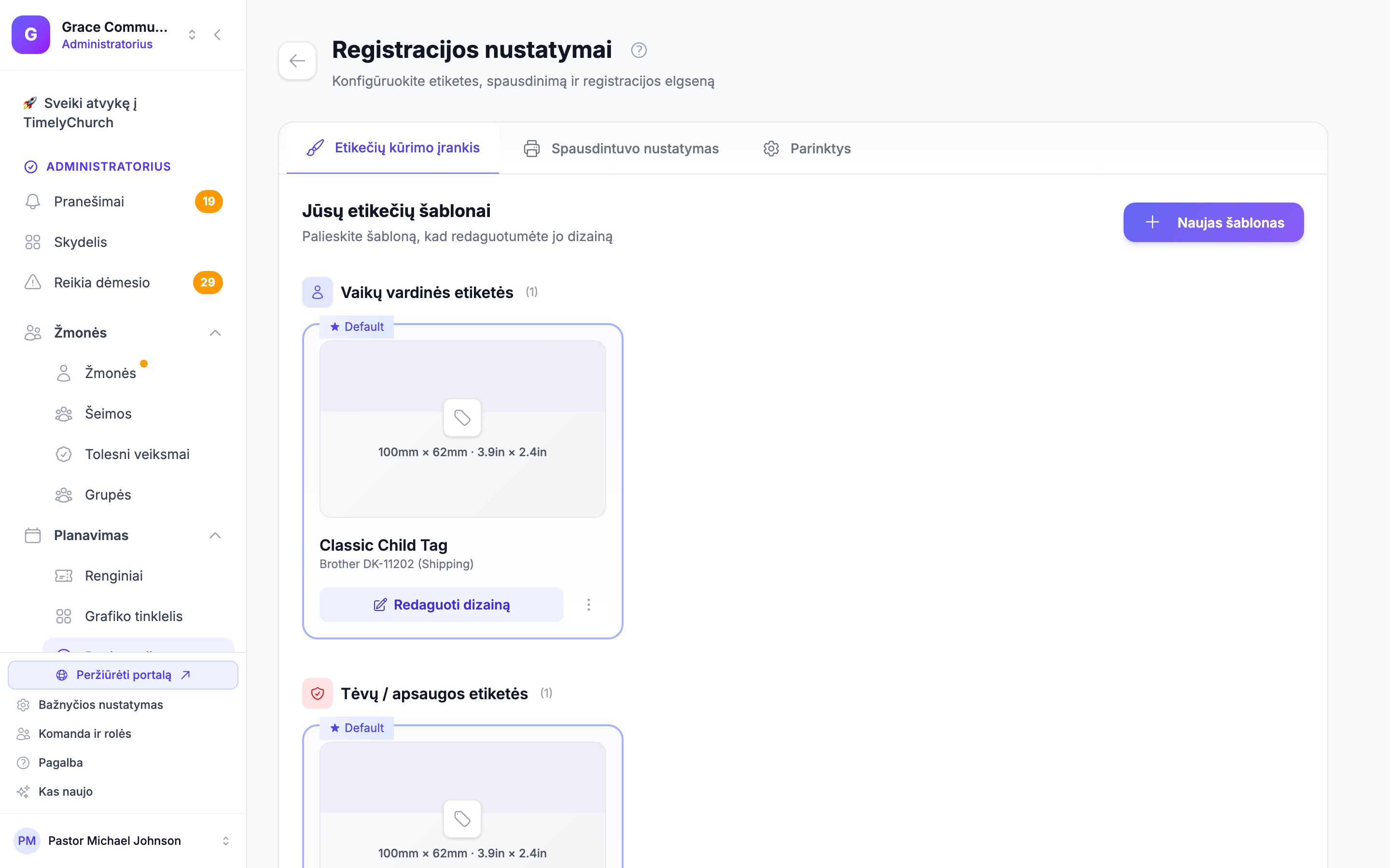 Registracijos nustatymų puslapis su skirtukais Etikečių kūrimo įrankis, Spausdintuvo nustatymas ir Parinktys viršuje