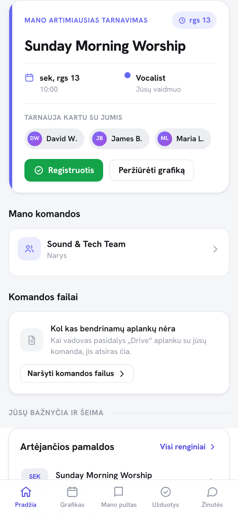 Kortelė „Mano artimiausias tarnavimas" portalo skydelyje telefono ekrane: kiti to renginio savanoriai rodomi kaip kompaktiškos vardų žymos po priskyrimu.